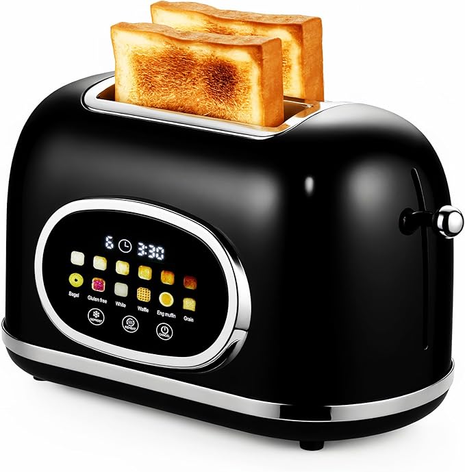 Roter Mond 2 Slice Toaster Smart Touch Screen, Retro Stainless Steel Bread Toaster with Digital Timer, Sleep Mode, Bagel, Cancel, and Defrost Functions, 6 Bread Types and Shade Settings, Black