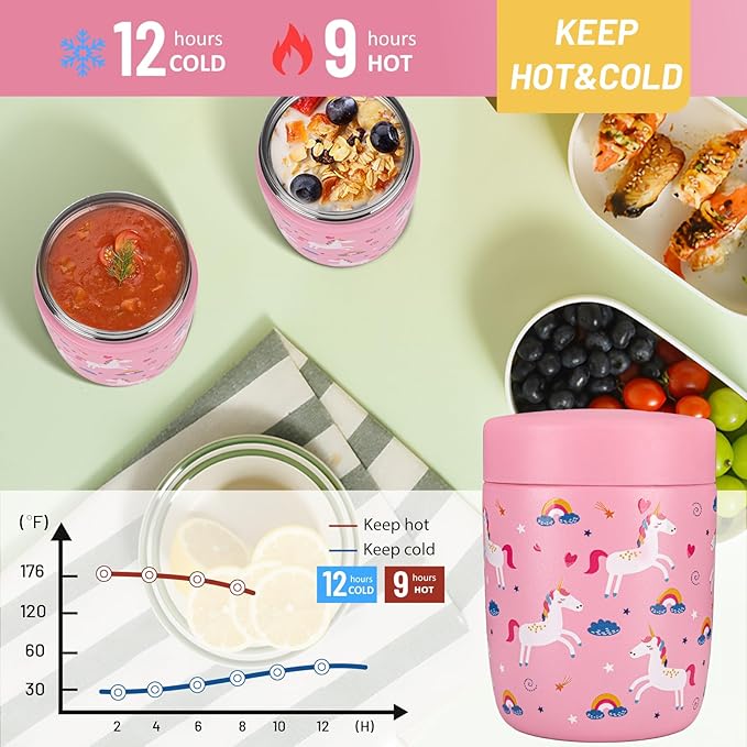 Charcy 9oz Stainless Steel Vacuum Insulated Kids Food Jar - Soup Thermo for Hot & Cold Food - Pink Unicorn W