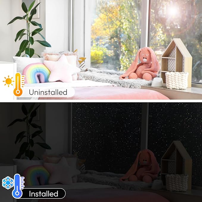 rabbitgoo Window Privacy Film Blackout Mosaic Static Cling Decorative, Removable Rainbow Window Film, Non-Adhesive Heat Control UV Blocking for Bathroom, 17.5 x 78.7 inches Black