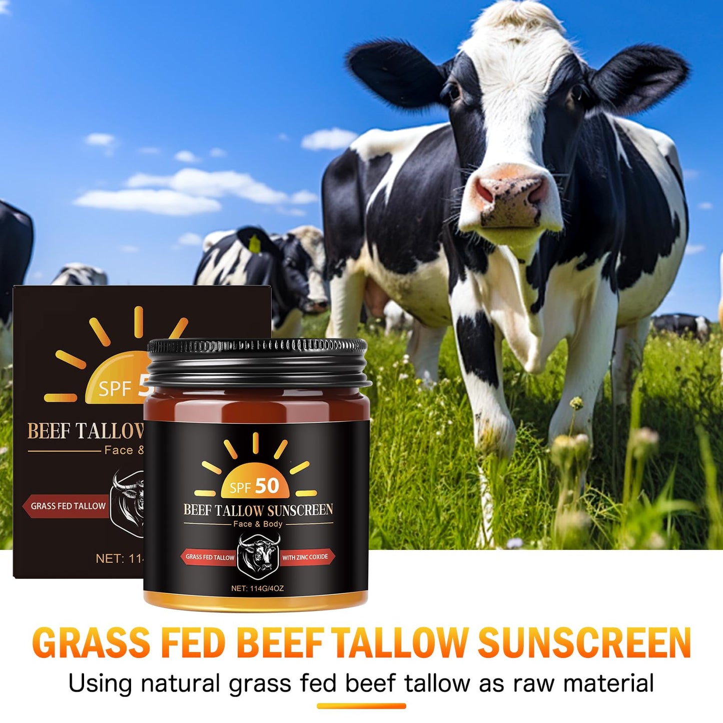 Beef Tallow Sunscreen with Zinc Oxide, Non Toxic Sunscreen SPF 50, Safe, Clean Non-Greasy Formula for Face and Body, Sun Balm fo