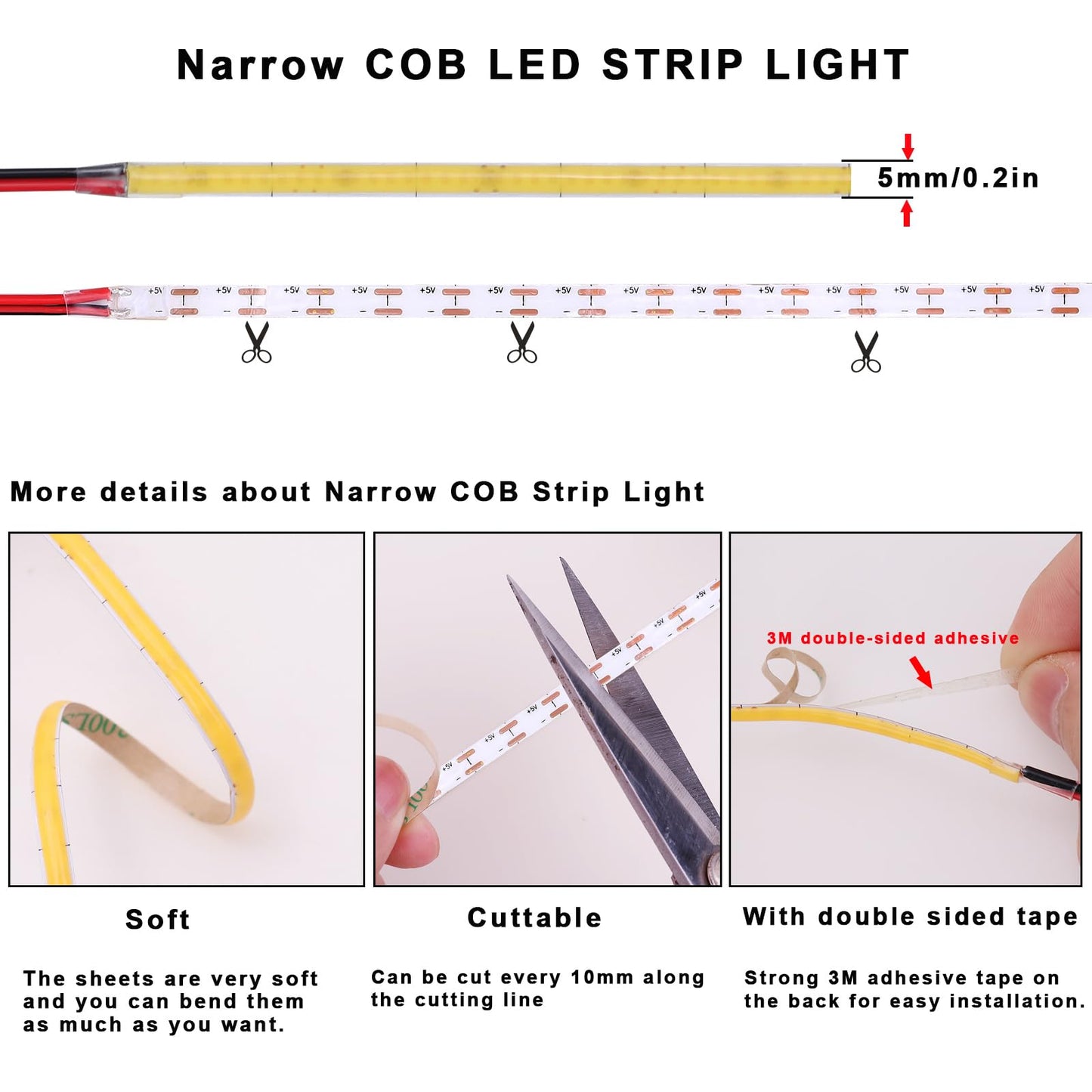 Topai 5V Cob Led Strip Narrow 5Mm Width Warm White 3000K Cri 90+ Dotless 16.4Ft 400Leds/M High Density Cuttable Flexible Led Tape Light For Cabinet Home Diy Lighting Projects