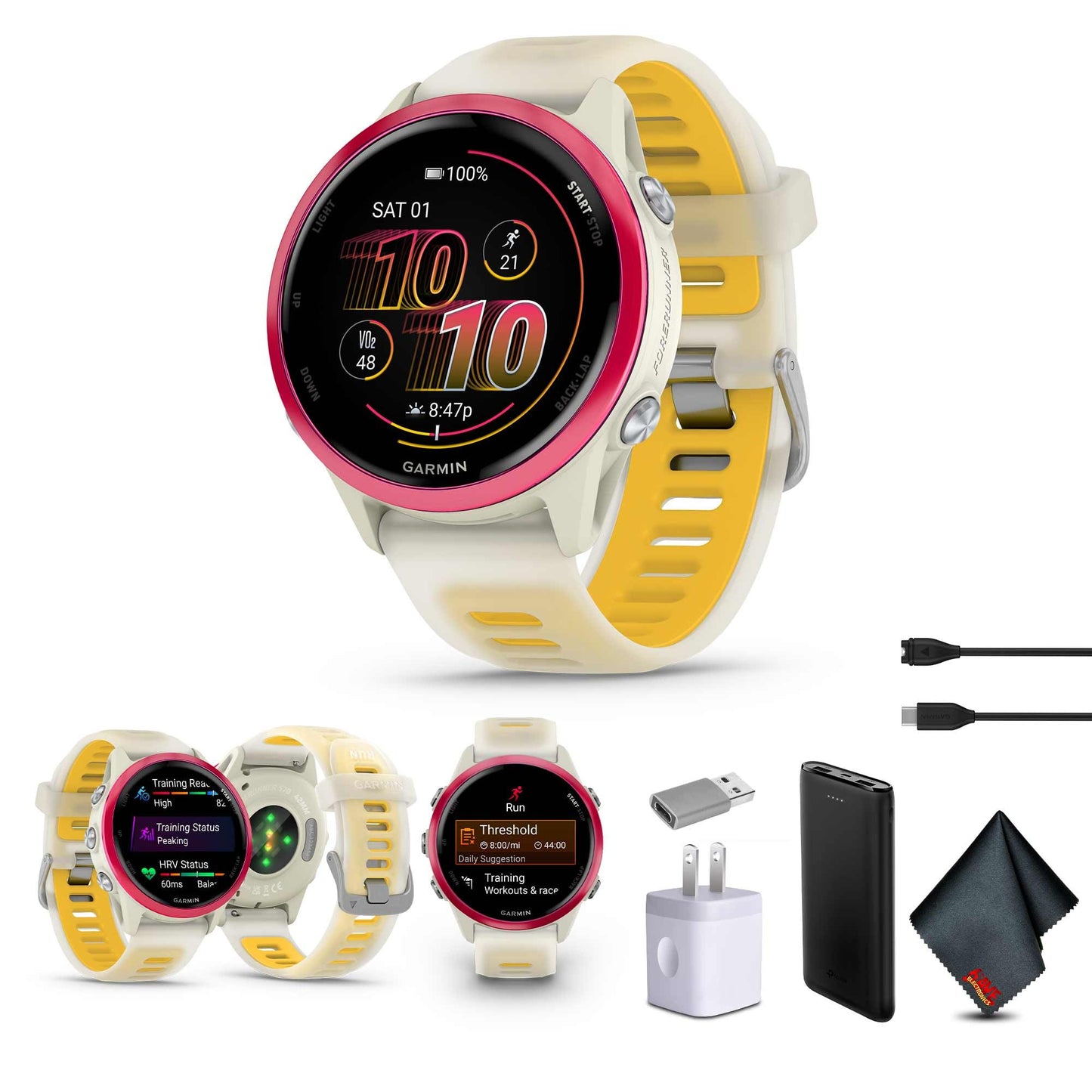 Garmin Forerunner 570 Running Smartwatch, 42MM WiFi, GPS Fitness Smart Watch for Men and Women, Raspberry Aluminum with Translucent Bone/Mango Band Bundle with P-Bank + More