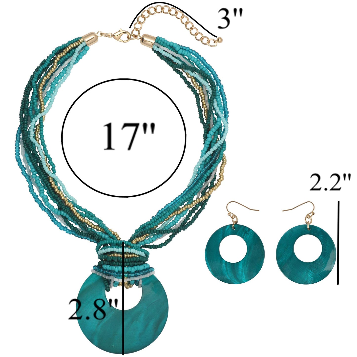 Coiris Multi Strand Statement Colorful Beaded Necklace Earrings Set with Big Circle Shell Pendant for Women (N0055-Dark Teal)