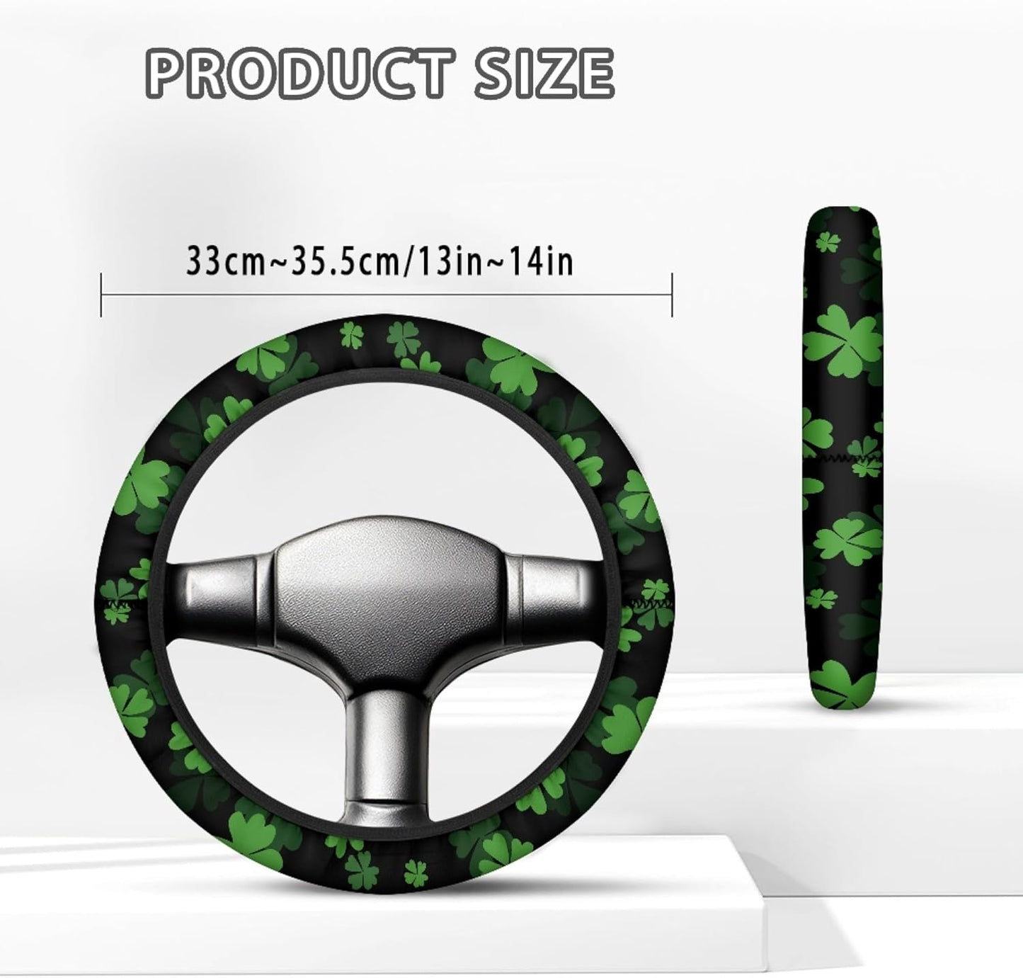 St. Patrick's Day Golf Cart Steering Wheel Protector Cover Green Leaves Golf Cart Steering Wheel Covers Fit 13-14 Inch Car Steering Wheel Covers for Club Car Decor