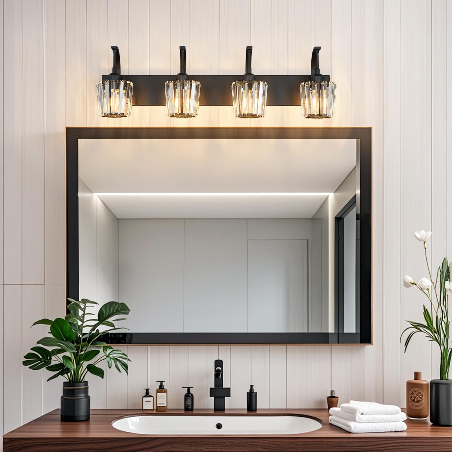 Fdpby Modern Bathroom Vanity Light  4-Light Black Wall Sconce With Crystal Accents  Over Mirror Bathroom Lighting Fixture  32.67 Long Dimmable Vanity Lamp For Makeup  Easy Installation