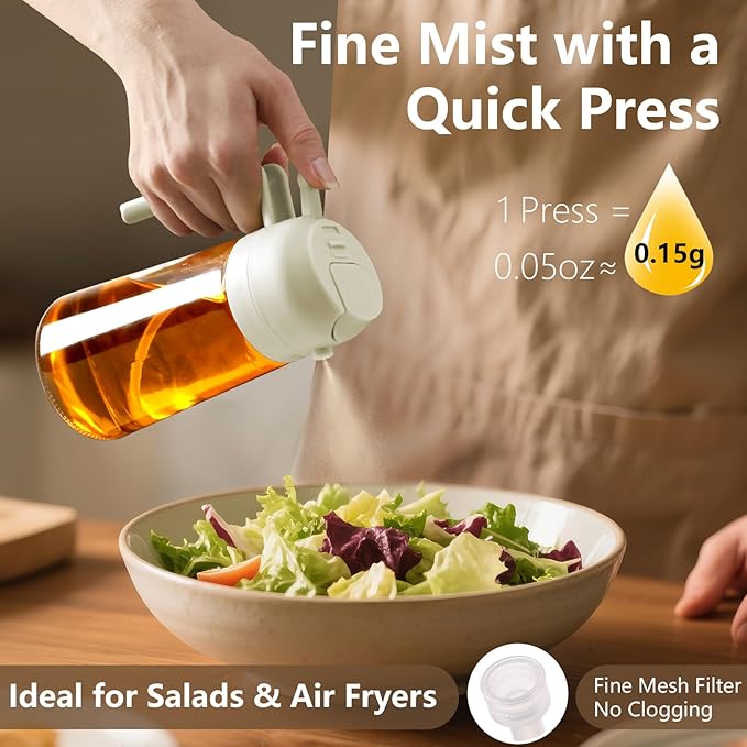 16oz/470ml Oil Dispenser and Oil Sprayer, Glass Olive Oil Pourer for Kitchen, Air Fryer, Cooking, Salad, BBQ (White)