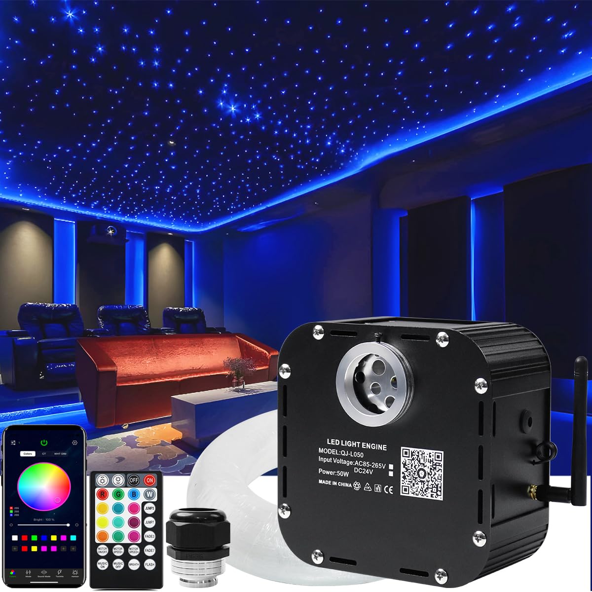Azimom High Brightness 50W Twinkle Fiber Optic Starlight Kits Mixed800Pcs 16.5Ft Fiber Strands End Glow Sound Activated Bluetooth/App Remote Control Theater Ceiling Home Shop Lobby Roof Decor