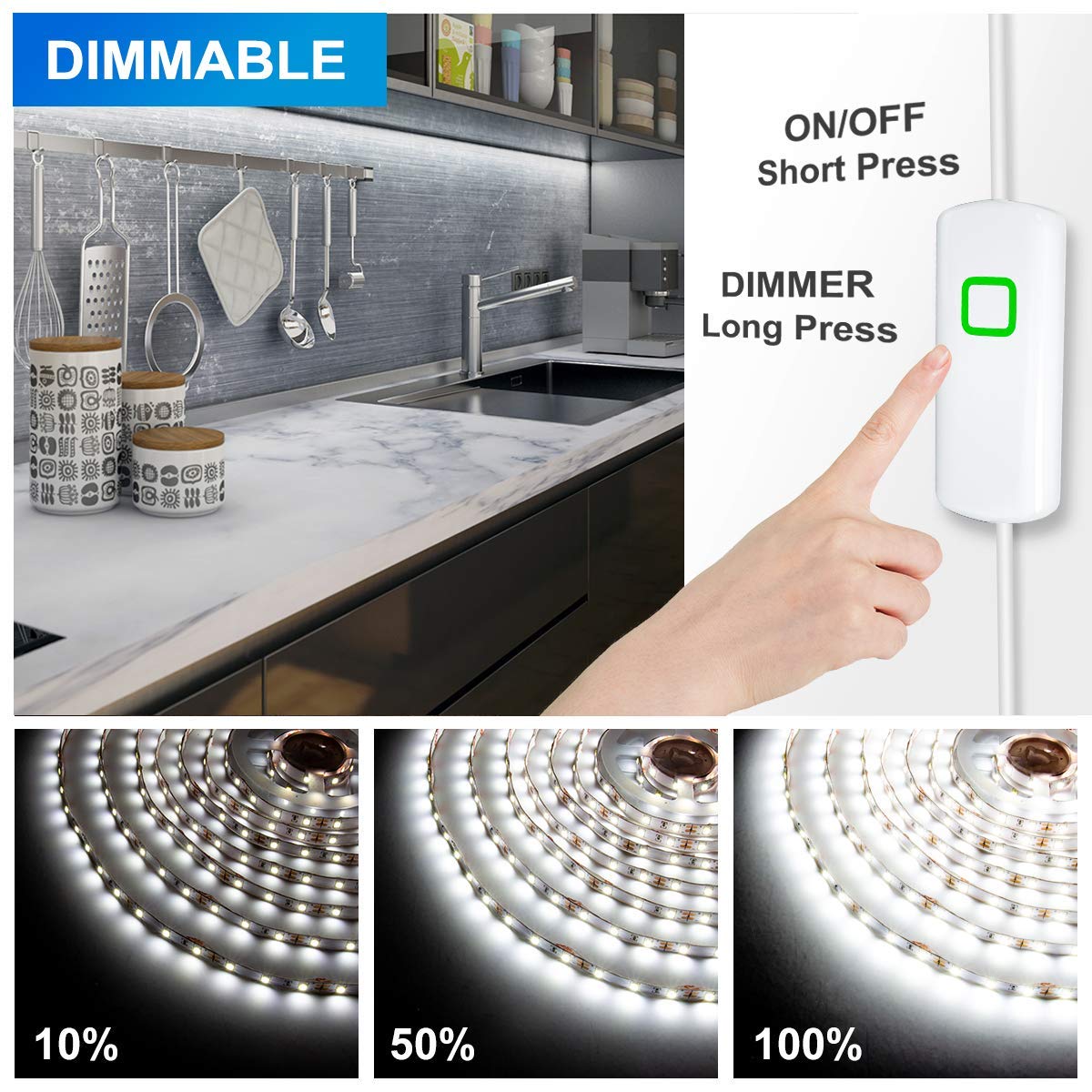 MYPLUS Dimmable LED Strip Lights 32.8FT 600 LEDs Cold White 6500K for Under Cabinet Lighting
