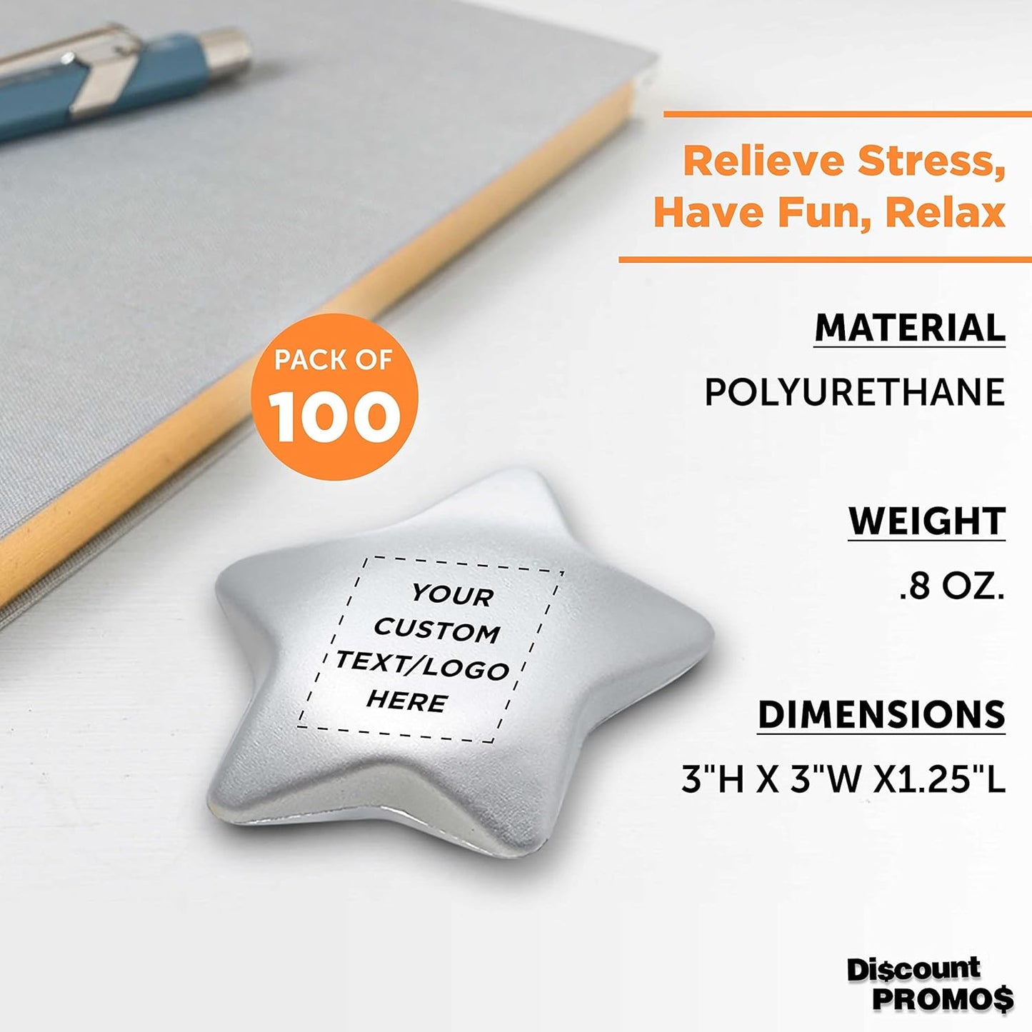 DISCOUNT PROMOS Custom Star Squeeze Balls Set of 100, Pesonalized Bulk Pack - Perfect for Promotional Giveaways - Silver