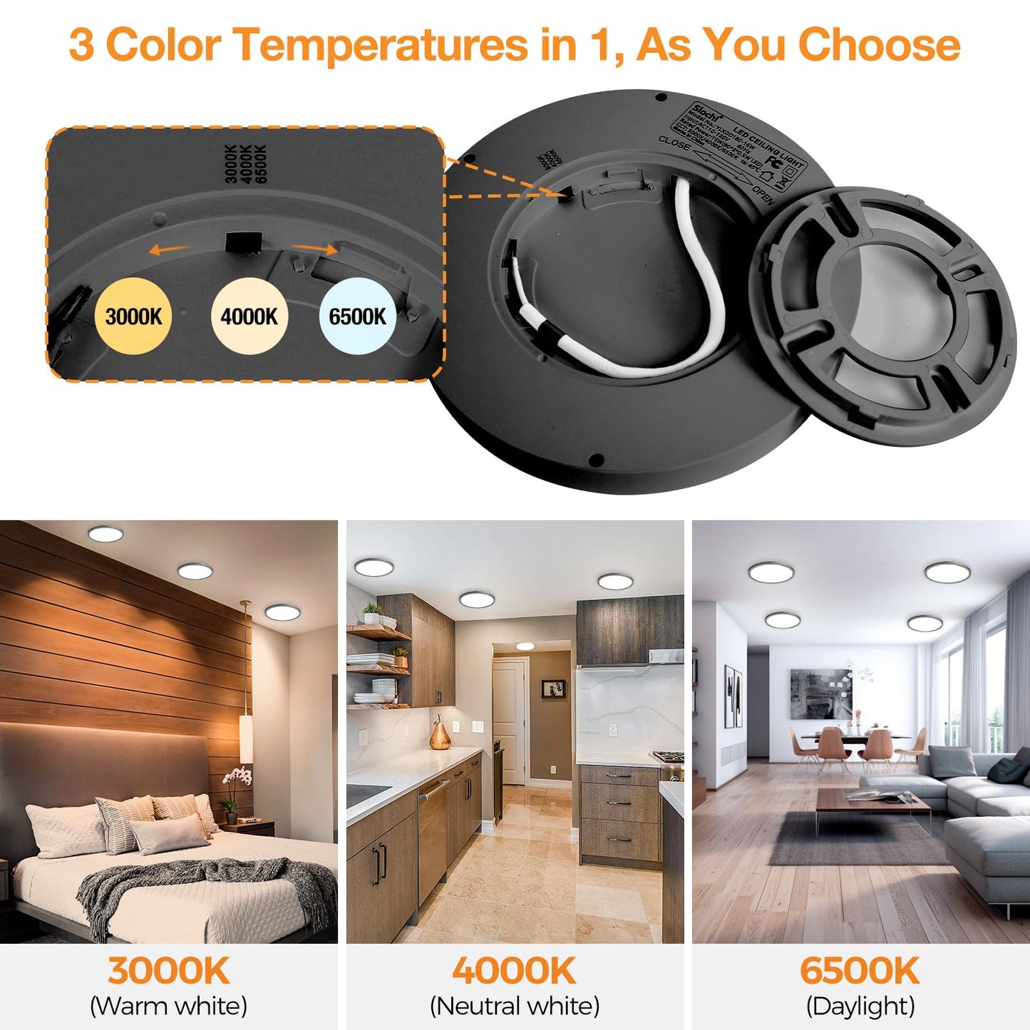 slochi 7.5 Inch Ceiling Light Fixture, Ultra Thin LED Flush Mount, 3000K-4000K-6500K, 3 Pack, Black