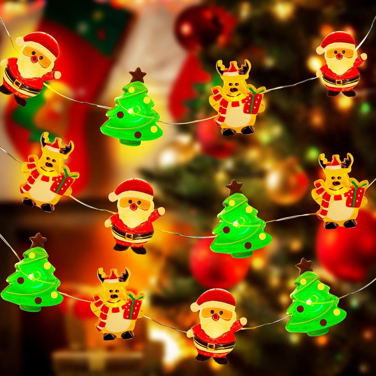 Aogist 2-Pack 50Led Christmas Fairy Lights - 16Ft Bright 3D Santa Claus Christmas Tree Deer String Lights Battery Operated Decor For Indoor/Outdoor Party Home Bedroom Yard Windows Doors Winter Decor