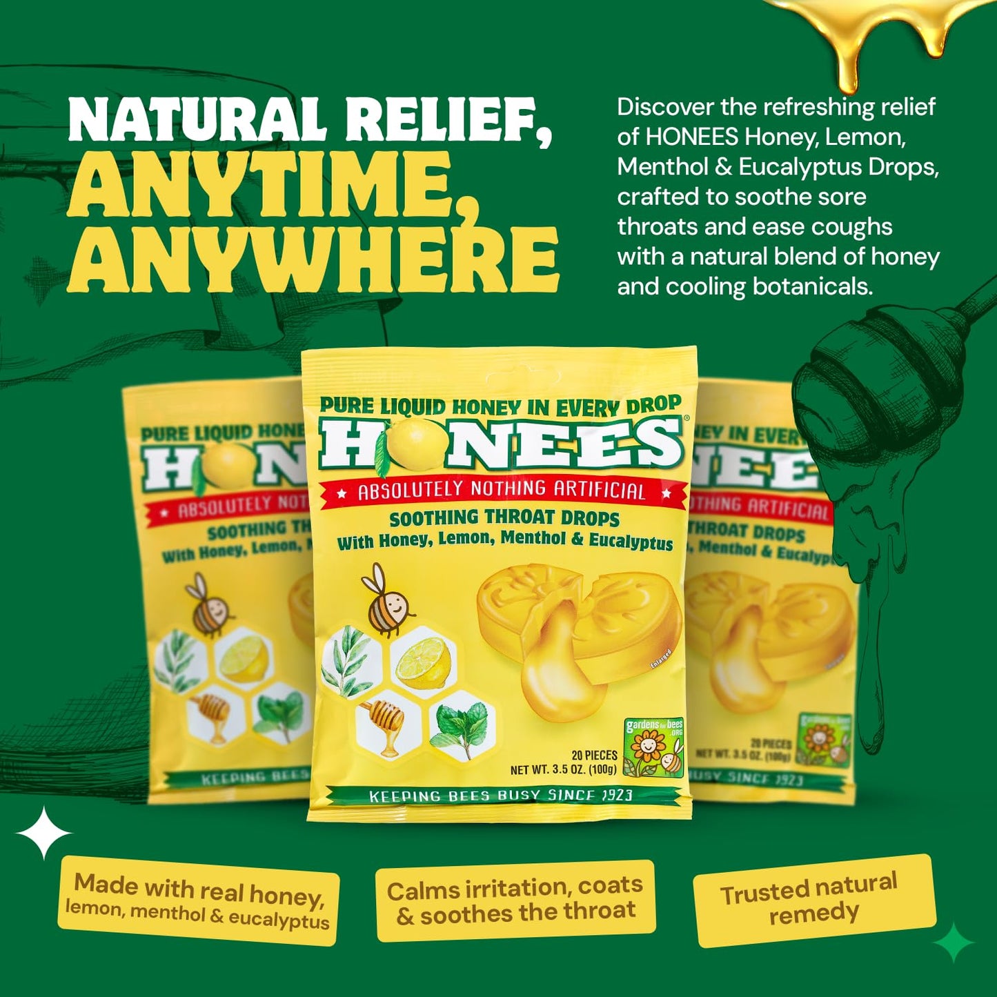Honees Filled Honey Lemon Cough Drops- Filled with Honey, Menthol, Lemon and Eucalyptus - Nothing Artificial -Natural Sore Throat Lozenges- Non-GMO (6 Pack – 120 Drops)