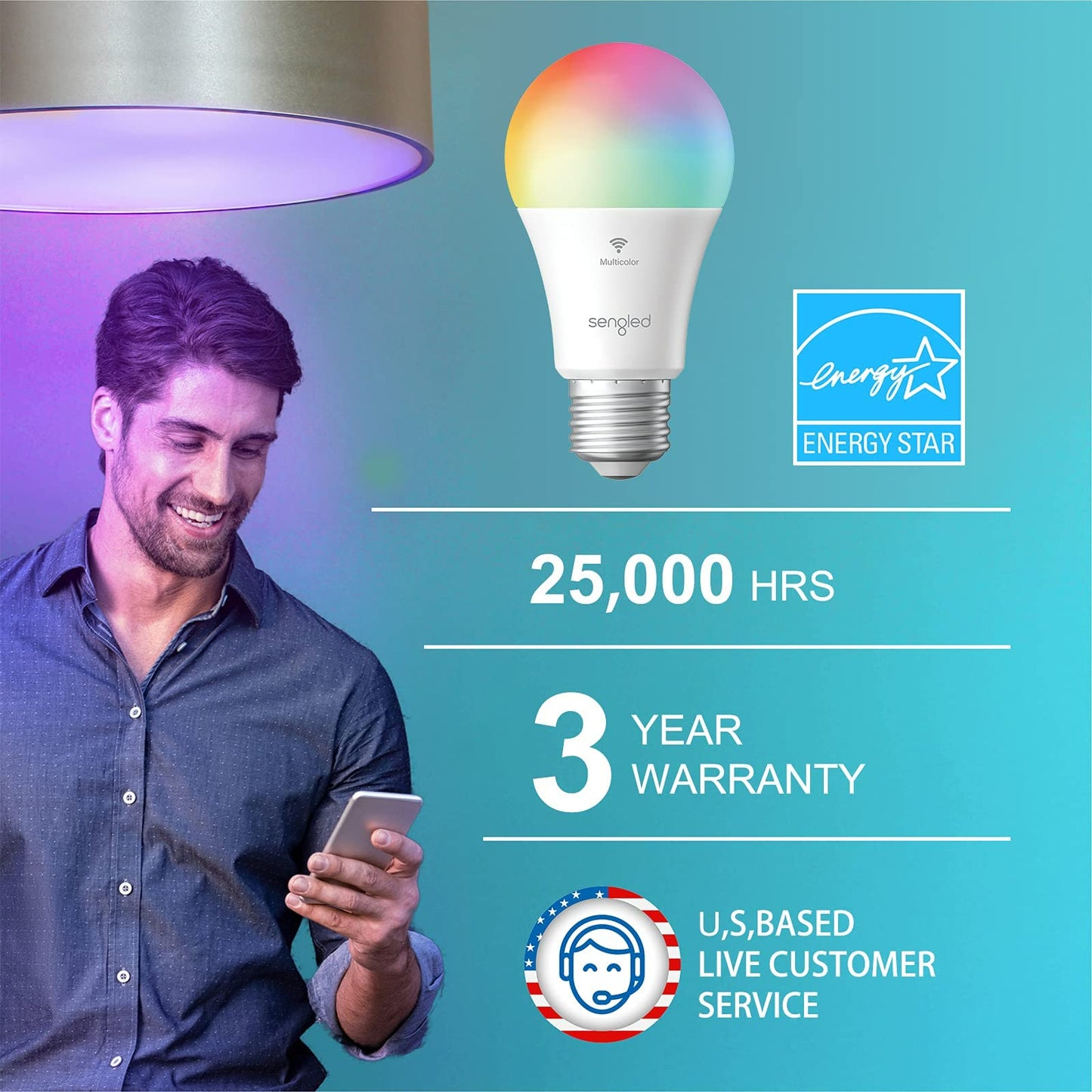 Sengled Smart Bulb A19 RGB LED Light Bulbs, 60W Equivalent, Multi-colored, 2 Pack, Works with Alexa & Google Assistant