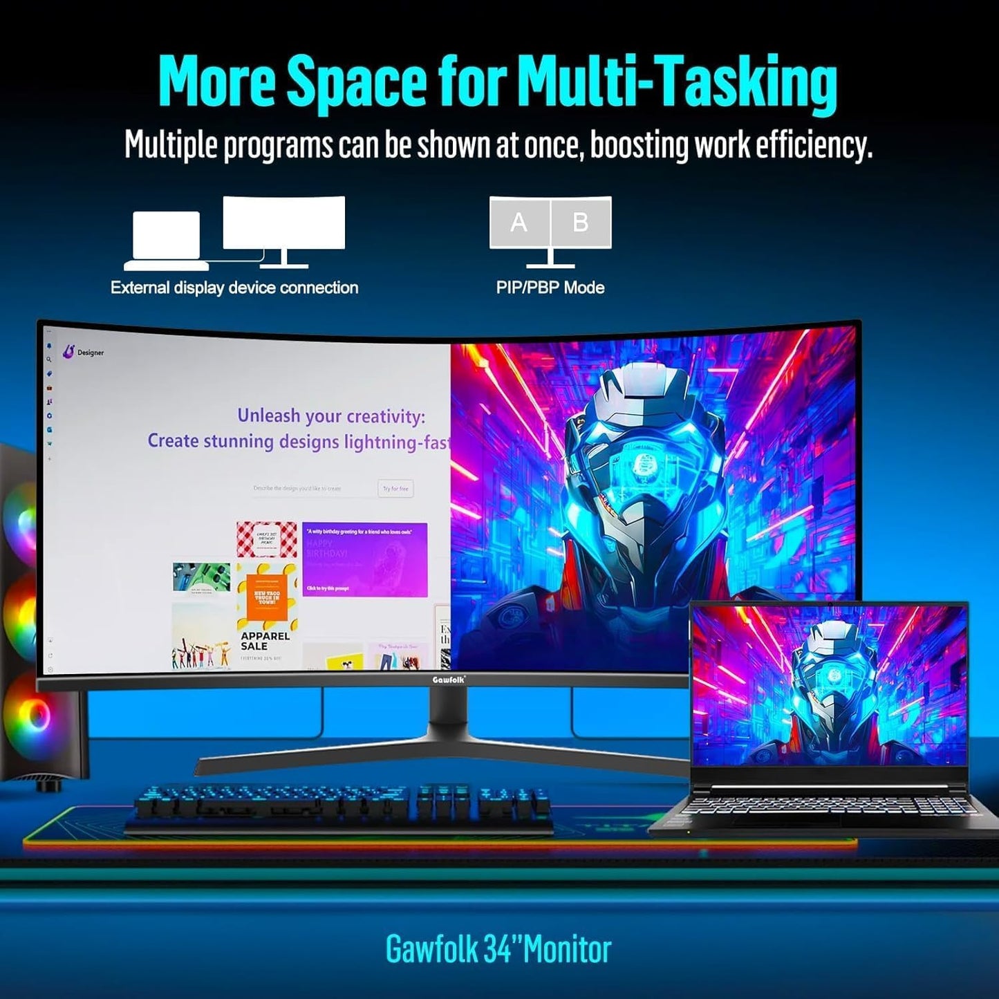 Gawfolk 34 Inch Ultrawide Curved Gaming Monitor, 1500R PC Screen UWQHD 3440x1440, 165hz Curved Computer Screen with FreeSync-Black