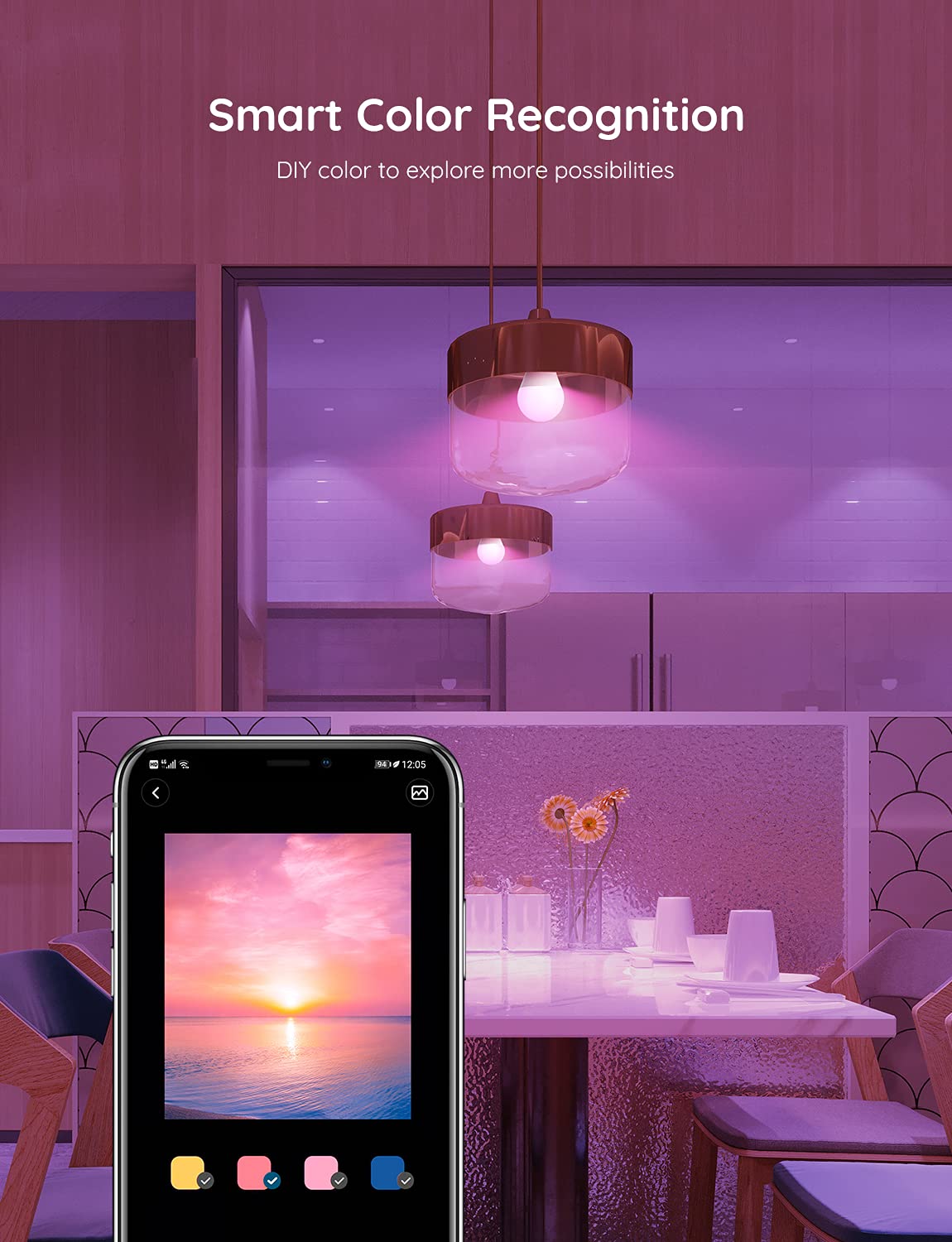 Govee Smart Light Bulbs, WiFi Bluetooth RGB Color Changing, 4 Count, Multi-colored, Model H6008, Music Sync, 54 Scenes