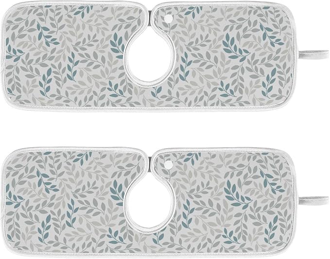 Kitchen Faucet Absorbent Mat,Green Gray Leaf Water Splash Guard for Sink, Faucet Drip Catcher Thicken Sponge Microfiber Faucet Water Catcher Mat Sink Absorbent Mat for Kitchen 14x5in 2 Pack