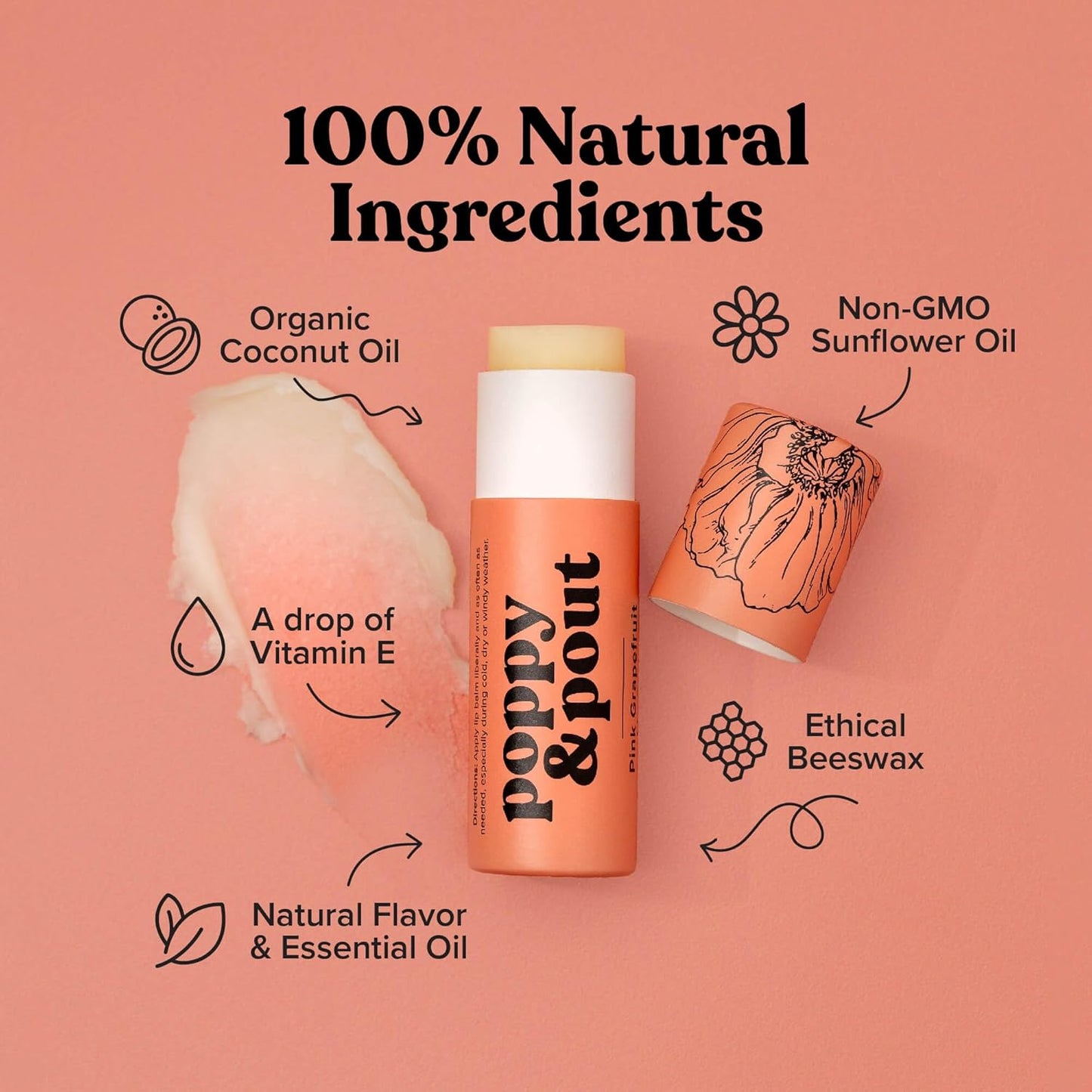 Poppy & Pout Pink Grapefruit Jumbo Lip Balm | All Natural Lip Balms & Moisturizers | Hydrates with Beeswax, Vitamin E, Organic Coconut Oil | Cruelty-Free | Lip Balm in Recyclable Cardboard Tube