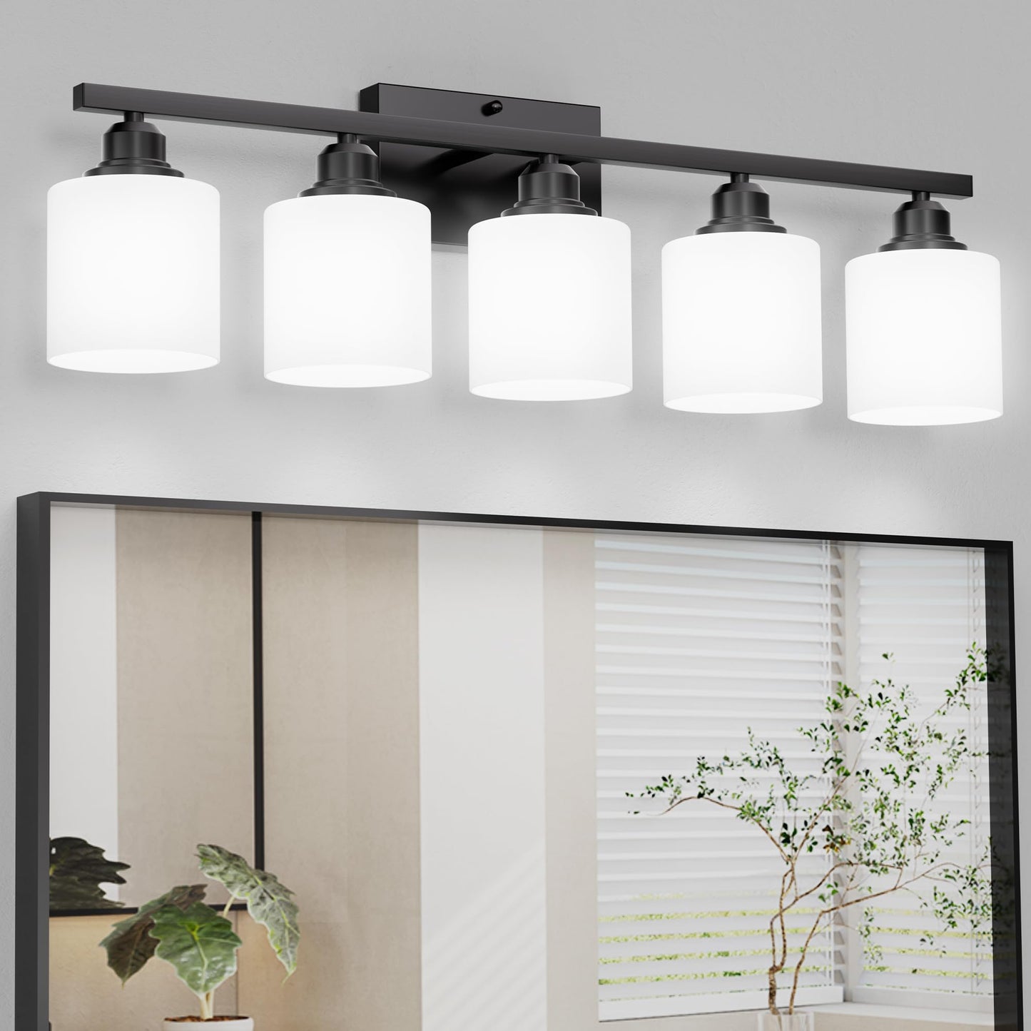 Sailstar 5-Light Bathroom Light Fixtures, Matte Black, Glass Shade, Model CP-JQD-H-001