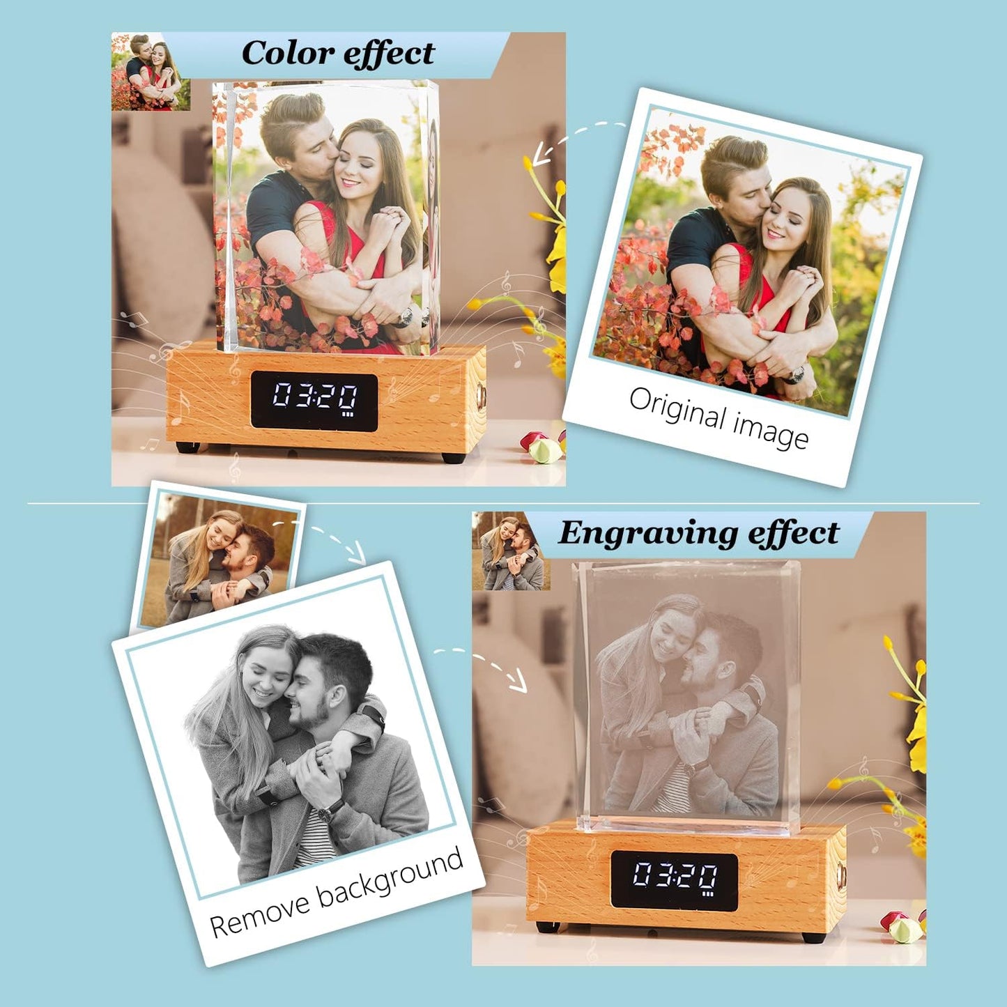 Personalized Rectangular Night Light 3D Crystal Light Custom Photo Engraving LED Light Color Change with Clock Base Personalized Gift Men Women Home Christmas Decoration