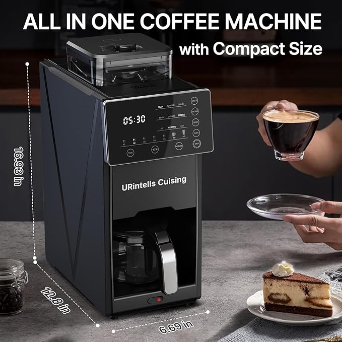 Coffee Maker with Grinder, Programmable Hot and Cold Coffee Maker with 22 oz Glass Carafe, Fully Automatic Coffee Machine with Timer, Removable Filter, Black Americano Coffee Machine