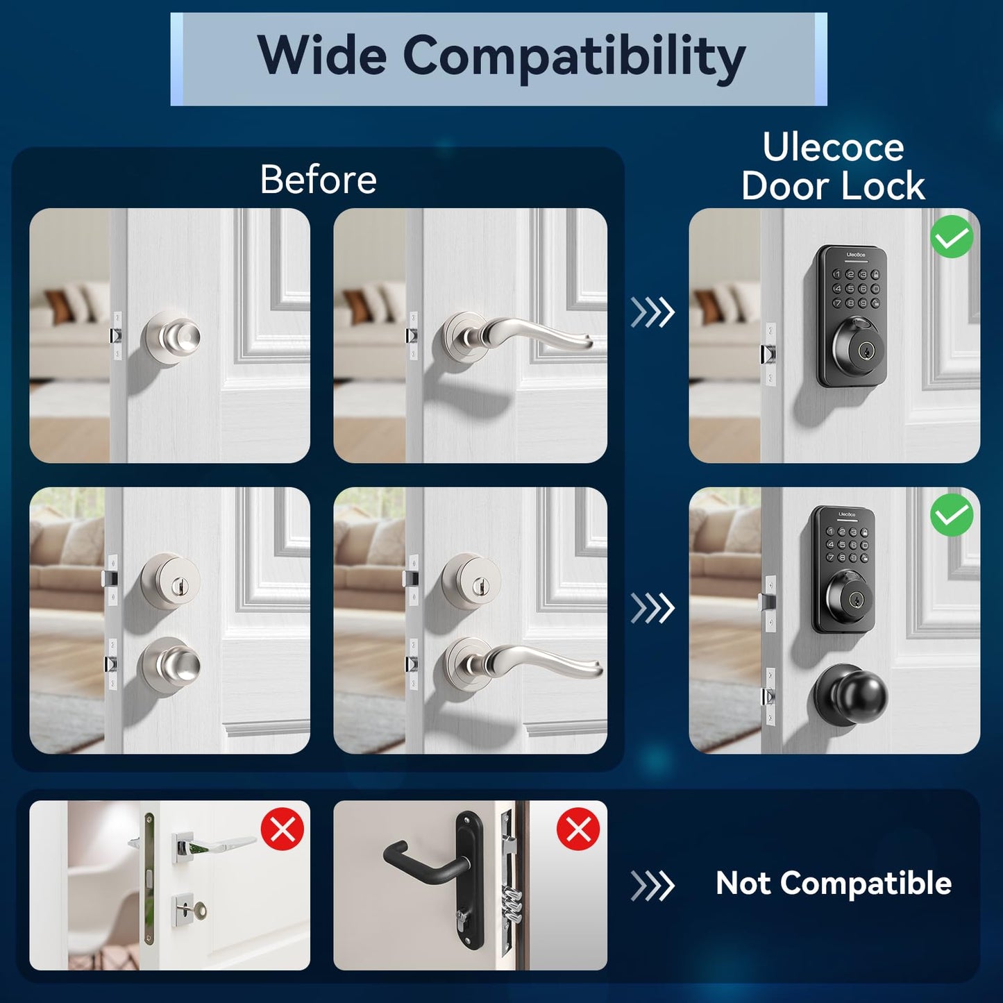 Ulecoce Fingerprint Keypad Deadbolt with Handle Set, Keyless Entry Door Lock, Door Locks for Front Door Lock Set, App Control, Auto Locking, Easy to Install, Matte Black