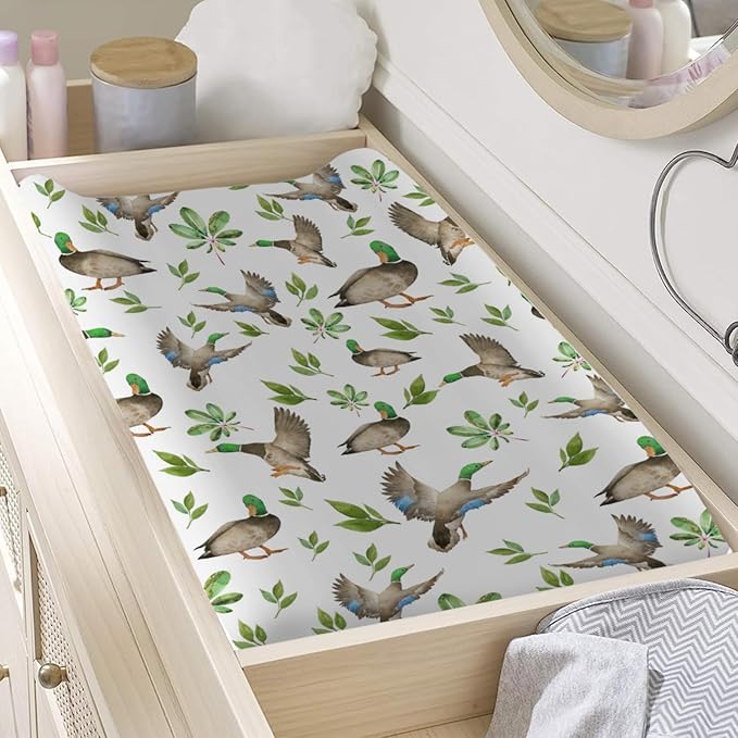 Baby Hunting Wild Duck Leaves Changing Pad Covers for Baby Boys or Girls 32''x16'' Mallard Ducks Unisex Fitted Changing Table Sheets Comfort Soft Breathable Baby Diaper Changing Table Mats