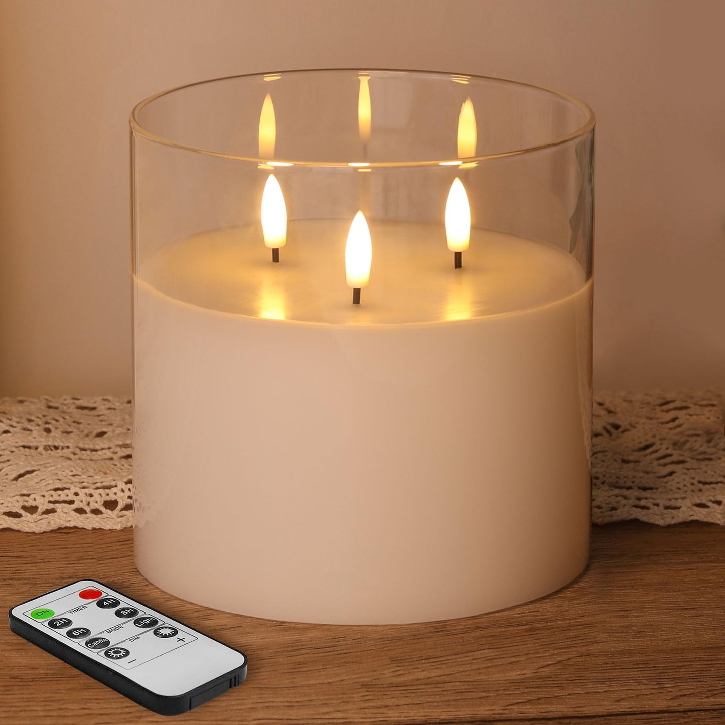 Eywamage 3 Wick Clear Glass Flameless Candle with Remote, Large Flickering LED Battery Pillar Candle Φ 6" H 6"