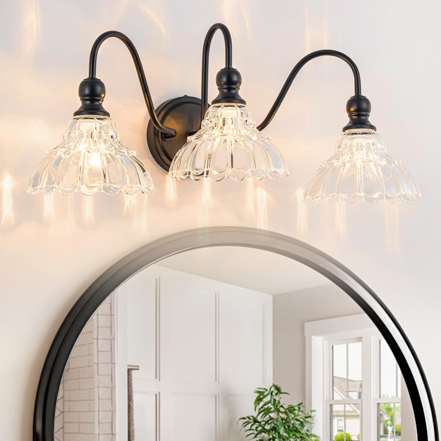 Brknit Vintage Bathroom Light Fixtures Over Mirror  3-Light Black Wall Sconce Lighting With Flower Glass Shade  Farmhouse Vanity Lights For Bedroom Kitchen Living Room Hallway Light