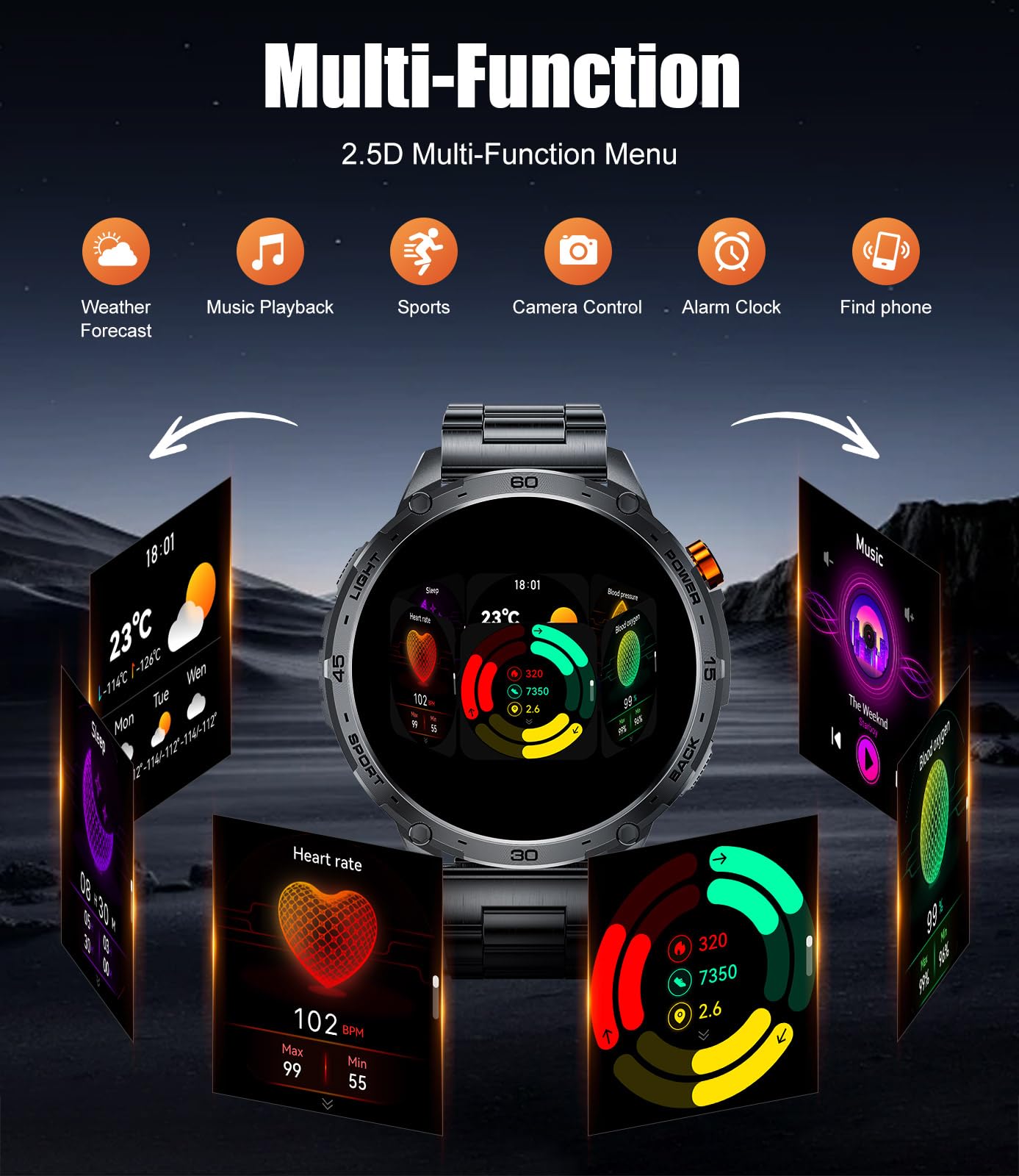 LIGE Military Smart Watch for Men, 730mAh/1.75" Large HD AMOLED Touchscreen Smartwatches with LED Flashlight for Android iOS, Fitness Tracker with 110+ Sport Modes/Heart Rate/Sleep Monitor,Black