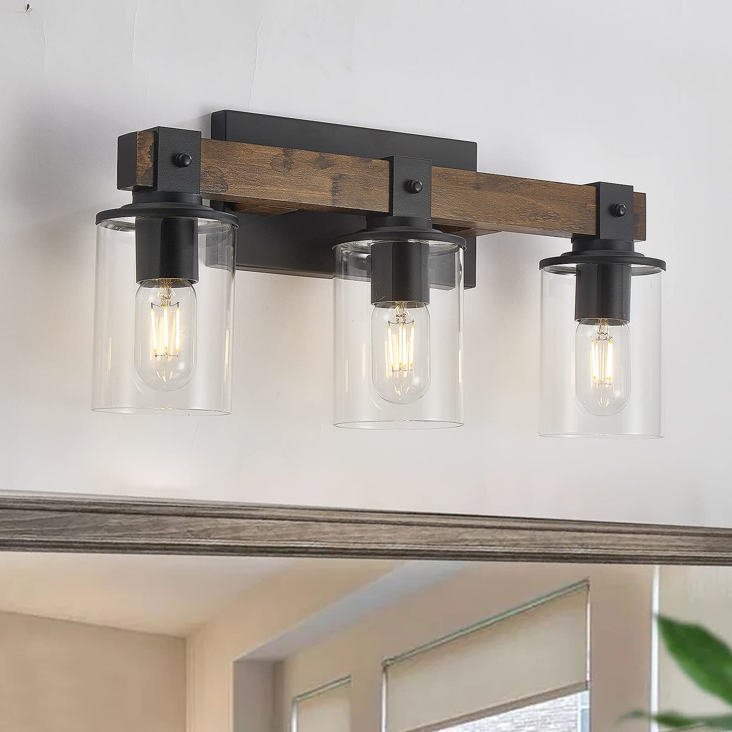 DUJAHMLAND Farmhouse Vanity Light Fixture, 3-Light Rustic Sconce, Antique Wood, Glass Shade, Model B01