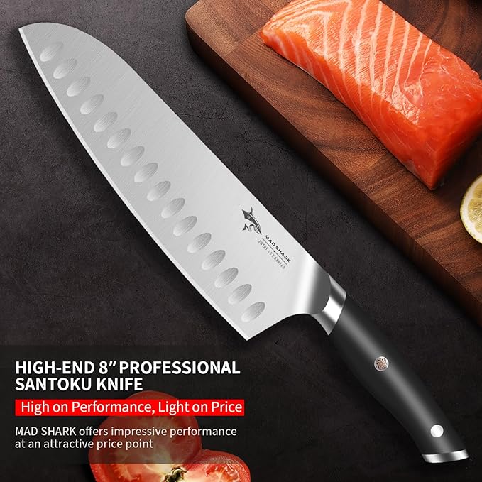 MAD SHARK 8" Santoku Kitchen Knife, Forged German High Carbon Steel Chef Knife, Full Tang Ergonomic Handle, Ultra Sharp for Chopping & Slicing,Birthday Christmas Gifts for Women Men,Gift Box