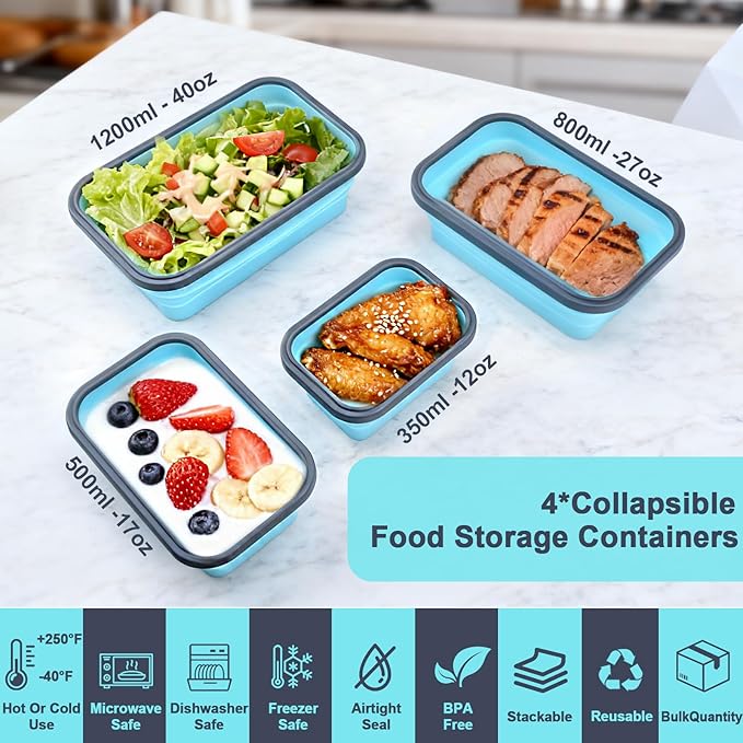 Collapsible Silicone Food Storage Containers with Lids, Collapsible Food Storage Containers, Camping Dishes,4 Pack Foldable Lunch Box for Leftovers, Meals, Snacks, Sky Blue