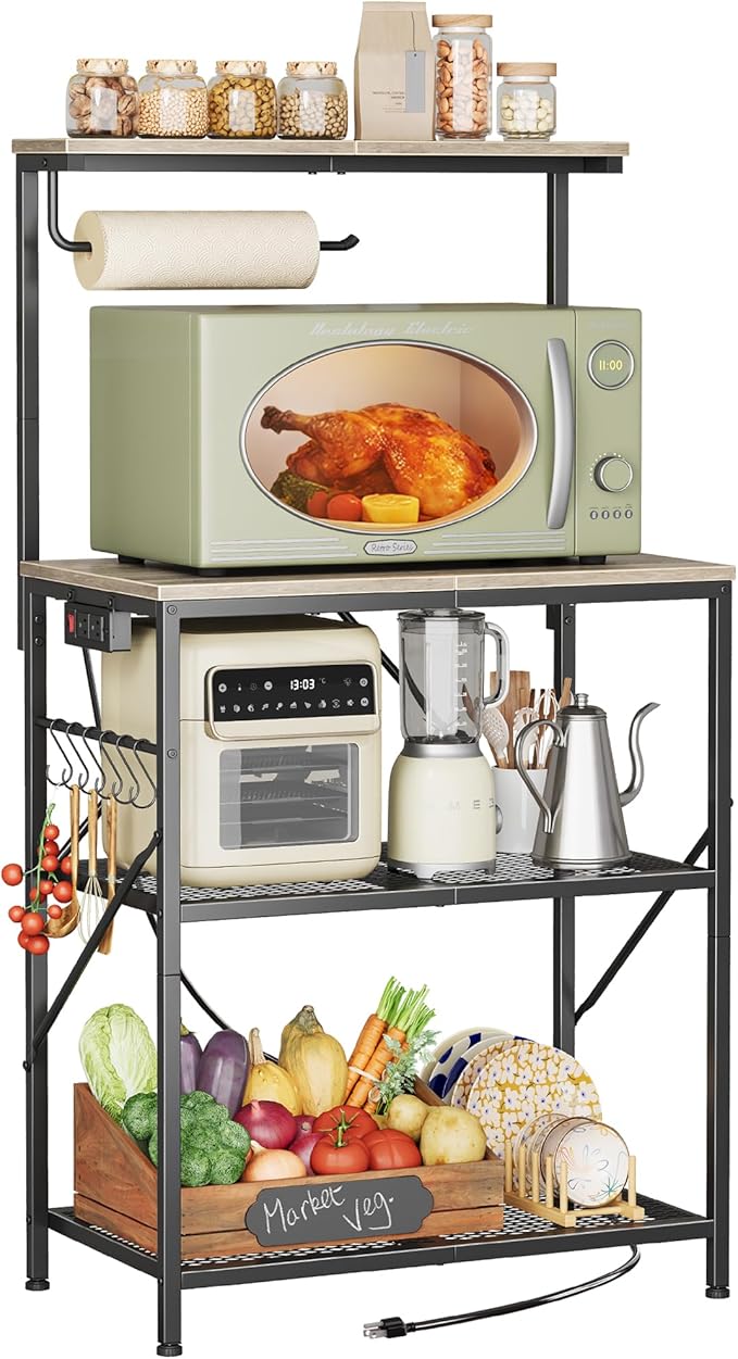 Huuger 4-Tier Bakers Rack with Reversible Power Outlet, 23.6 Inch Microwave Stand, Kitchen Bar, with Top Shelf, 6 S Hooks, Greige
