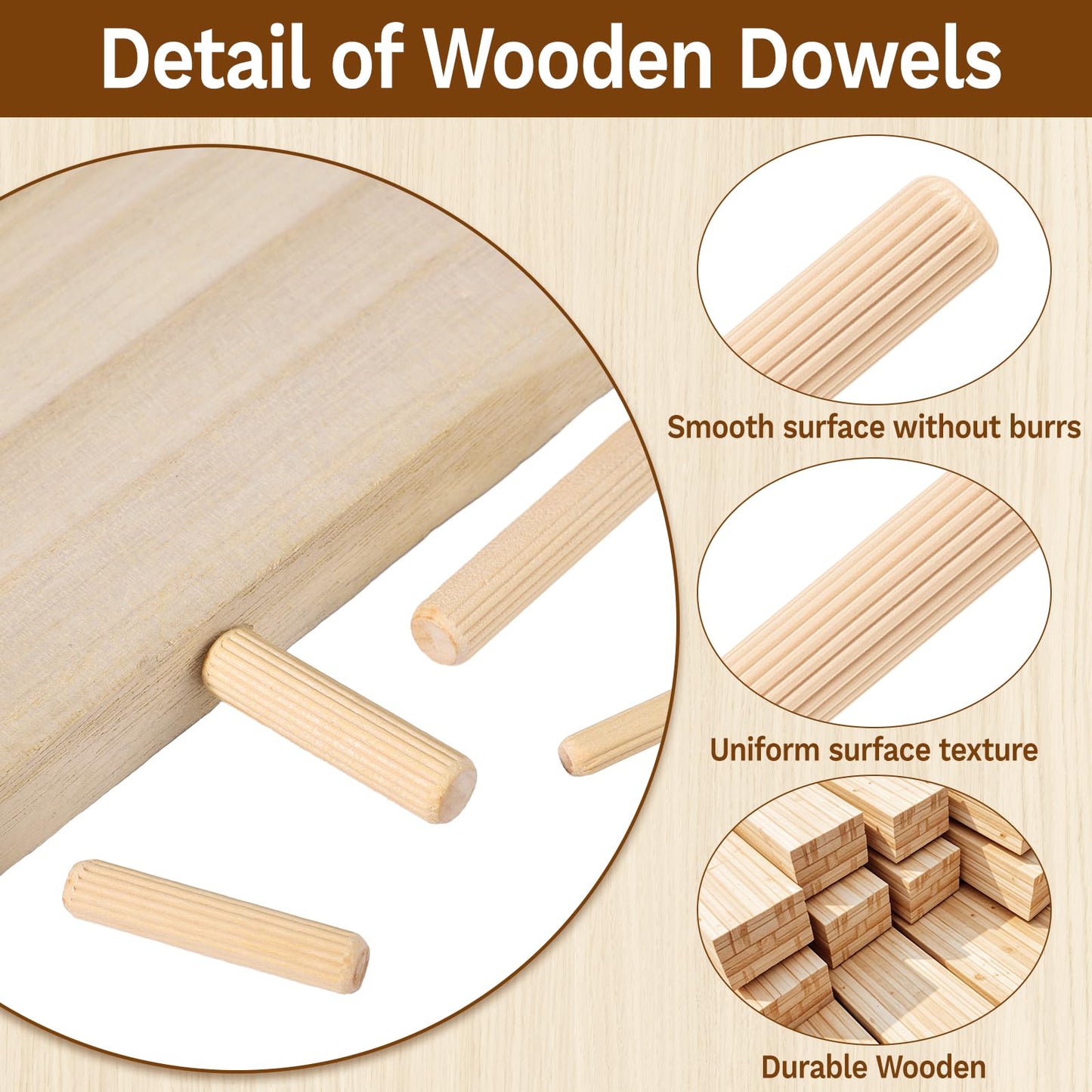 250 Pcs 8 Size Wooden Dowels 1/4'' 5/16'' 3/8'' Wooden Dowel Pins Hardware Pins Fluted Wood Dowels for Crafts Furniture Woodworking DIY Crafts