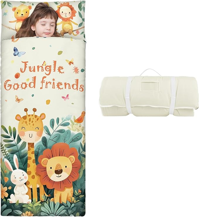 Kids Sleeping Bag Toddler Nap Mat with Removable Pillow, Large Foldable Sleeping Bag for Girls Boys, Easy Clean Slumber Bag with Double Zip for Camping School Preschool Daycare, 59×24 inch
