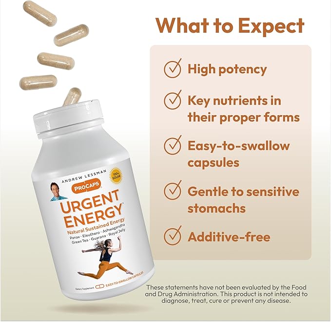 ANDREW LESSMAN Urgent Energy 360 Capsules - Provides a Safe, Healthy Means of Enhancing Energy Levels and Feelings of Well-Being, Green Tea, Guarana, Ginseng, Royal Jelly, Ashwagandha, B-Complex