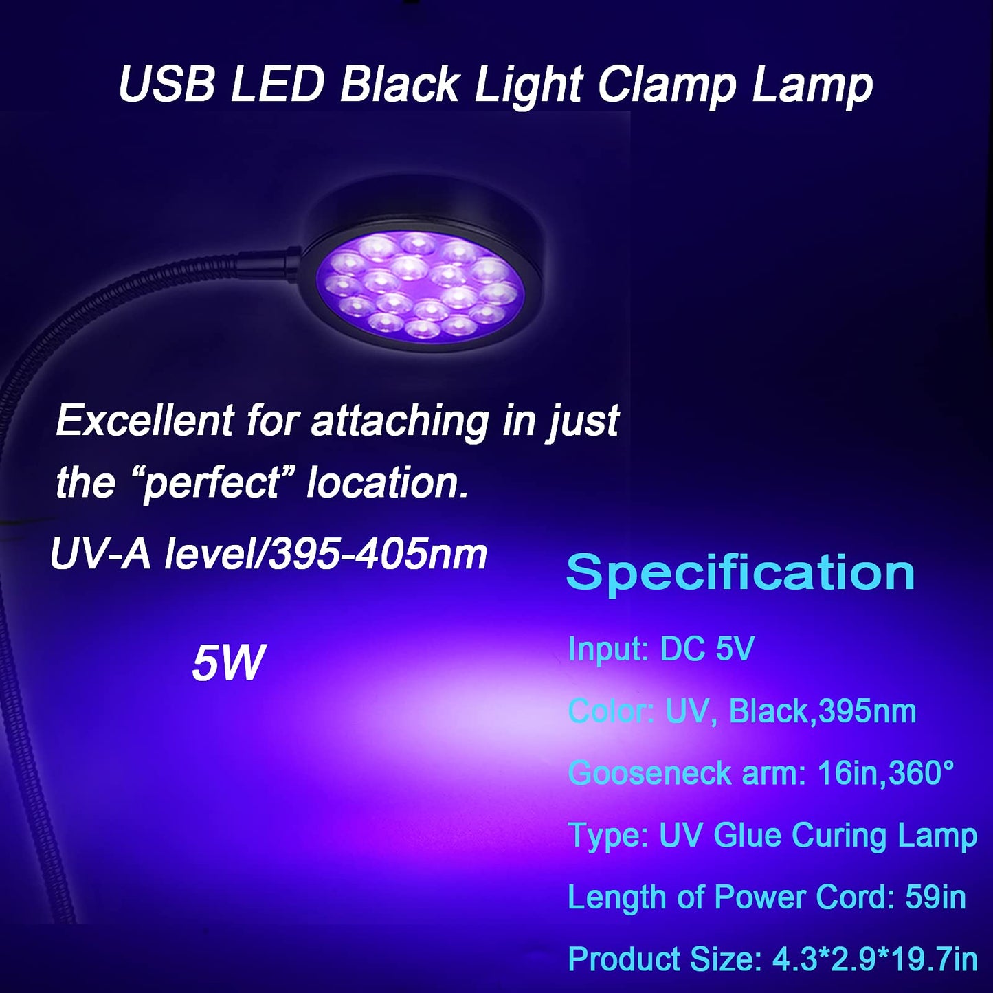 UV LED Black Light Clamp Light with USB, Upgraded 5W 395nm Portable Gooseneck Lamp with Clip for Gel Nail, Pet Urine Detection, UV Glue Curing, Blacklight Posters, Fluorescent Paint, Resin Art
