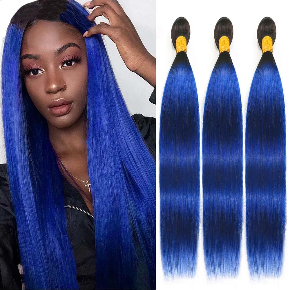 Lagalaga Bundles Human Hair 26 28 30 Inch Straight T1B Blue Human Hair Bundles Unprocessed Brazilian Virgin Hair Quick Weave Hai