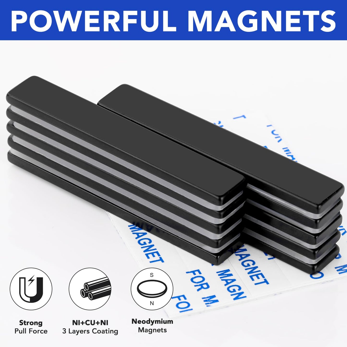 MIKEDE Magnets, 9 Pack Strong Neodymium Bar Magnets with Adhesive Backing, Rare Earth Fridge Magnet Heavy Duty, Metal Powerful Black Magnet for Craft, Whiteboard, Garage, Kitchen - 60x10x3 mm