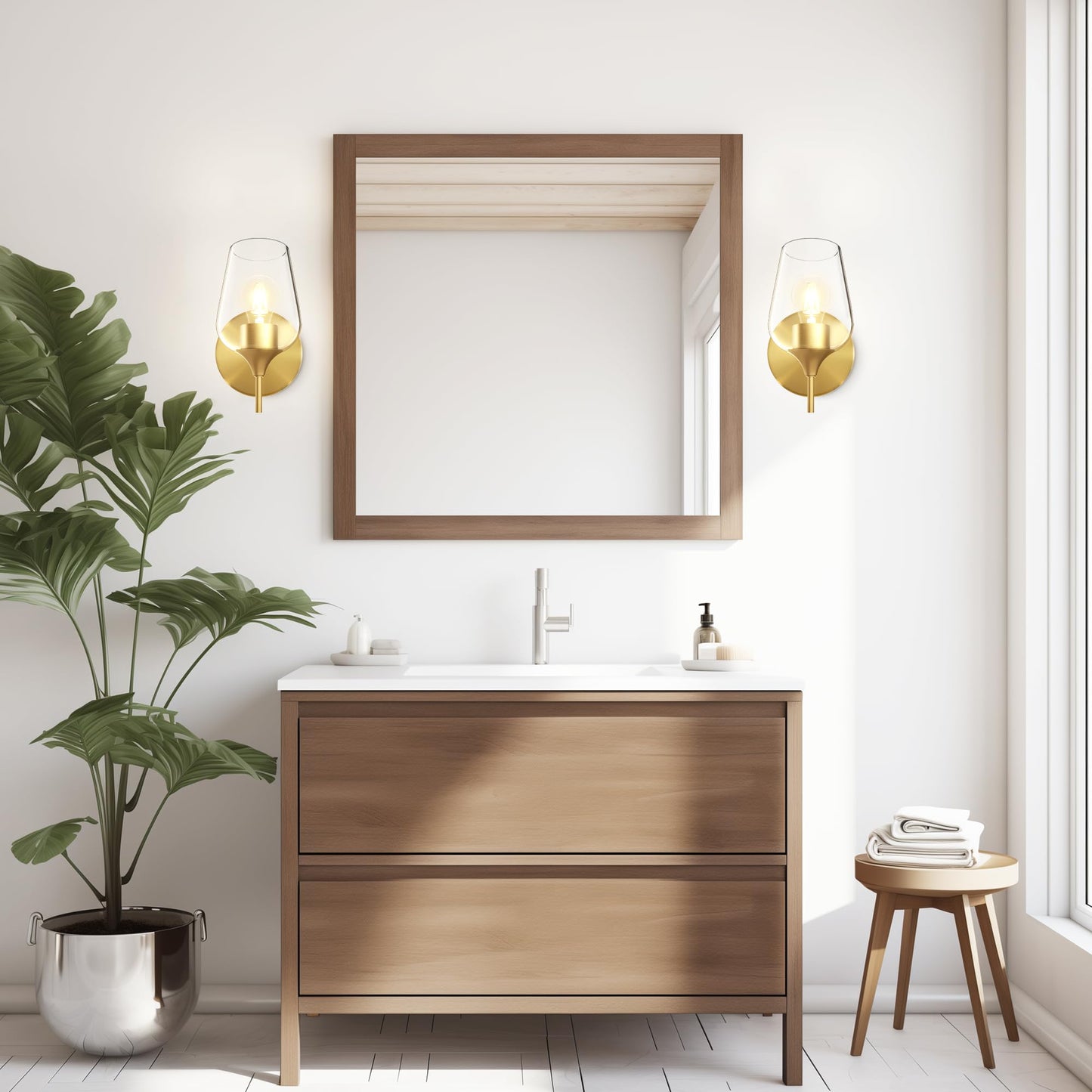 Hamilyeah Gold Wall Sconces Set Of 2, Modern Vintage Brass Lighting With Clear Champagne Glass Shade For Bathroom, Bedroom, Kitchen