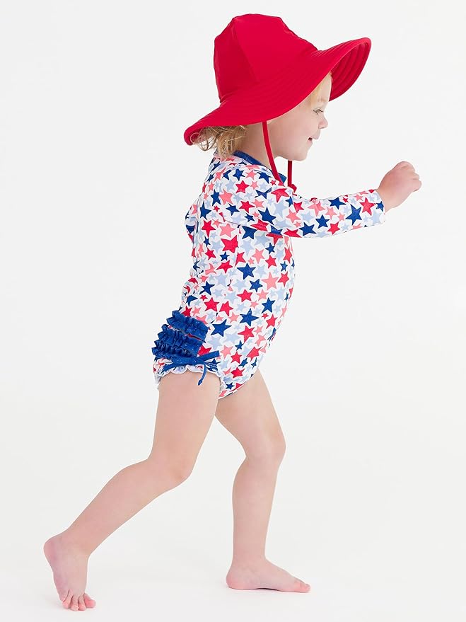 RuffleButts Baby Girls UPF 50+ Sun Protection Novelty Print Long Sleeve One Piece Rash Guard Swimsuit with Zipper