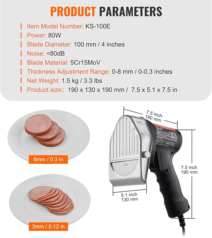 VEVOR Electric Shawarma Knife, 80W Professional Turkish Kebab Knife, Commercial Stainless Steel Gyro Cutter, Doner Kebab Meat Slicer with 2 Blades, Φ4/100mm Blade Diameter, 0-8mm Adjustable Thickness