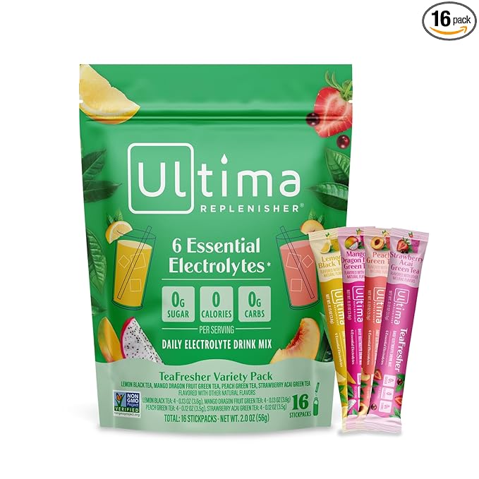 Ultima Replenisher TeaFresher Daily Electrolytes Powder and Instant Tea Mix - Variety Pack, 16 Stickpacks - Hydration Packets with 4 Sugar-Free Fruit and Tea Fusions, 6 Key Electrolytes