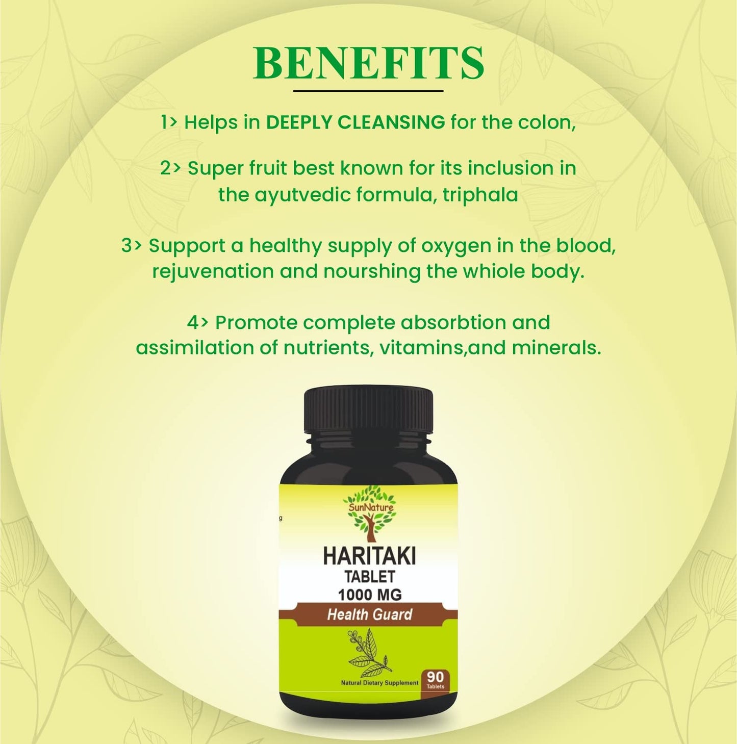 SunNature Haritaki Tablets 90 Tablets, 1000 mg| 45 Days Supply | Terminalia chebula | Vegan| from India