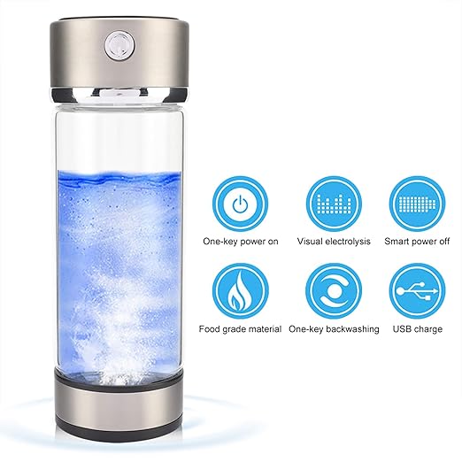 Hydrogen Water Bottle, Portable Hydrogen Rich Water Cup, USB Charging Rich Hydrogen Water Purifier Filter Glass Bottle Portable Lonizer Cup, Hydrogen Rich Water Glass Health Cup (Silvery)