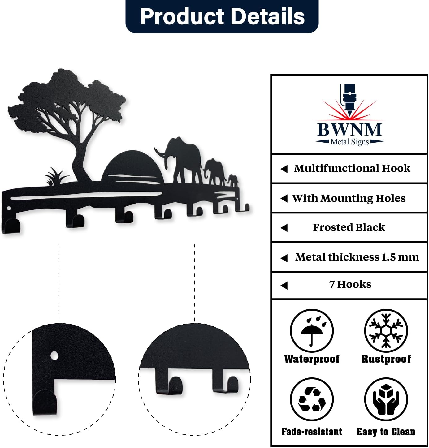 Elephant Family Metal Key Hook Rack - African Savannah Sunset Wall Decor - Practical and Artistic Key Organizer, Hallway, Kitchen, Office
