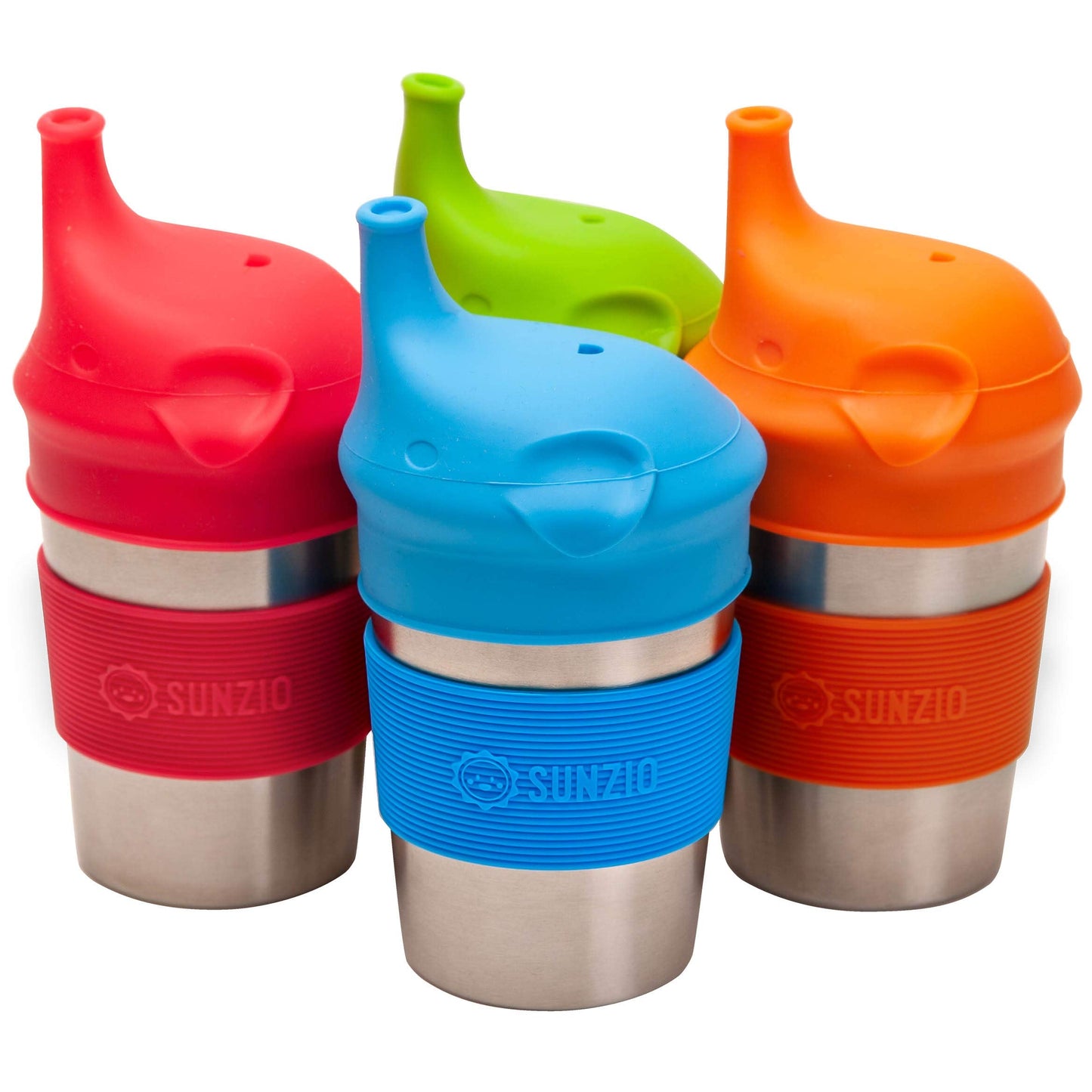 SUNZIO Sippy Cups for Toddlers and Kids, Stainless Steel Sippy Cup with Straw with Silicone Lids, BPA Free, Plastic Free, Break Proof Easy To Grip Soft Spout Cup for Babies, 10 oz, 4 Pack