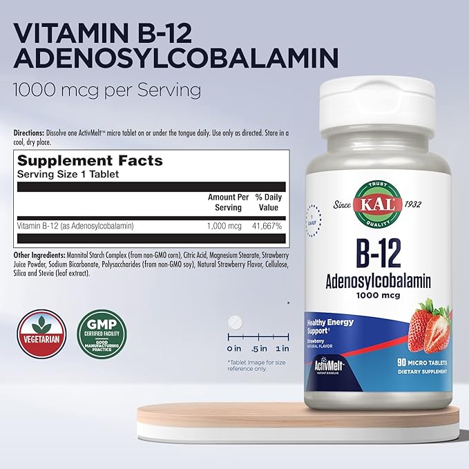 KAL Vitamin B12 Adenosylcobalamin 1000 mcg - B 12 Vitamin, Active B-12 1000mcg for Women & Men, Energy Support - Strawberry Flavor - 90 ActiveMelt Micro Tablets