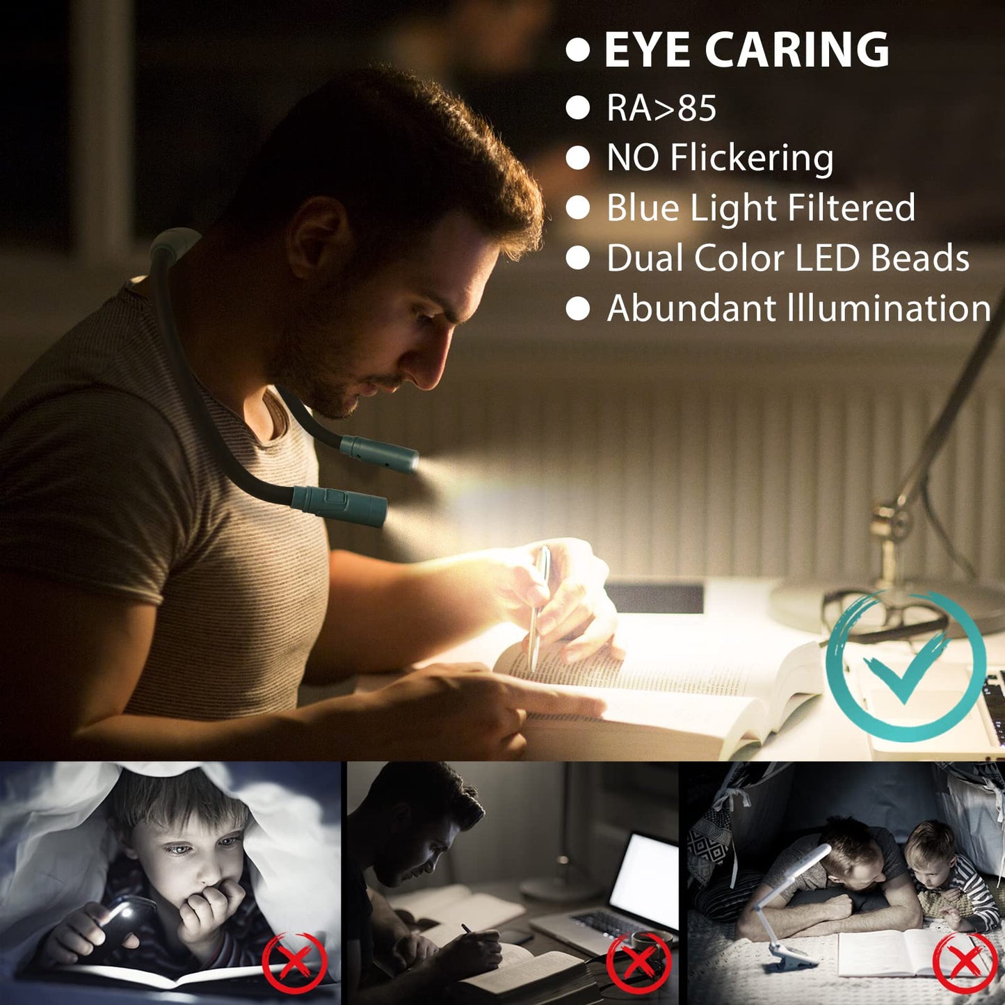 LUXJET Neck Reading Light & Book Light for Reading in Bed - Hands Free, 6 Brightness Levels, 360° Flexible Arms, 80-Hour Rechargeable - Reading, Knitting, Camping, Repairing - Gifts for Book Lovers