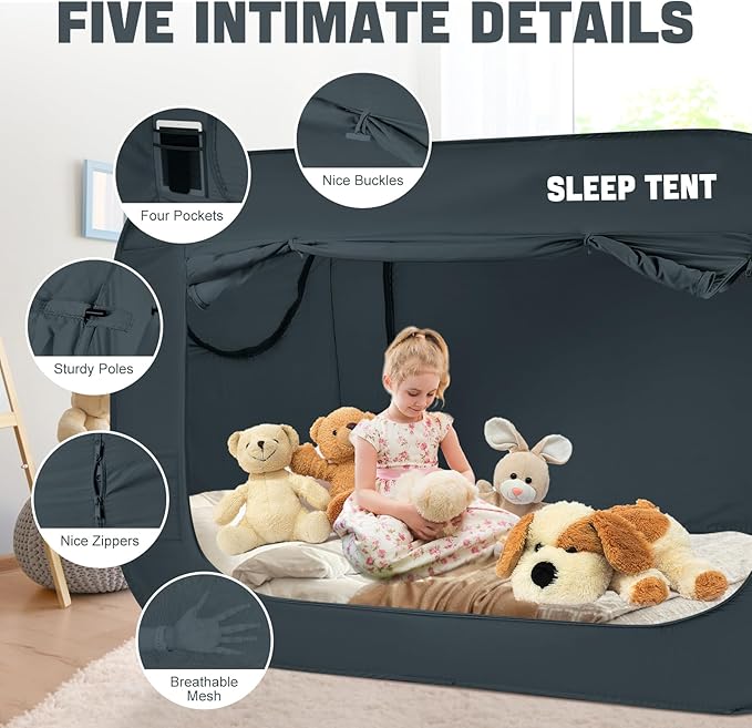 BORNA Bed Canopy Bed Tent Dream Tents Autism Shelter Cabin Indoor Sleeping Tents Privacy Warm Breathable Pop Up Twin Size Double Door with Mosquito Mesh Window for Kids and Adult (Navy Blue)